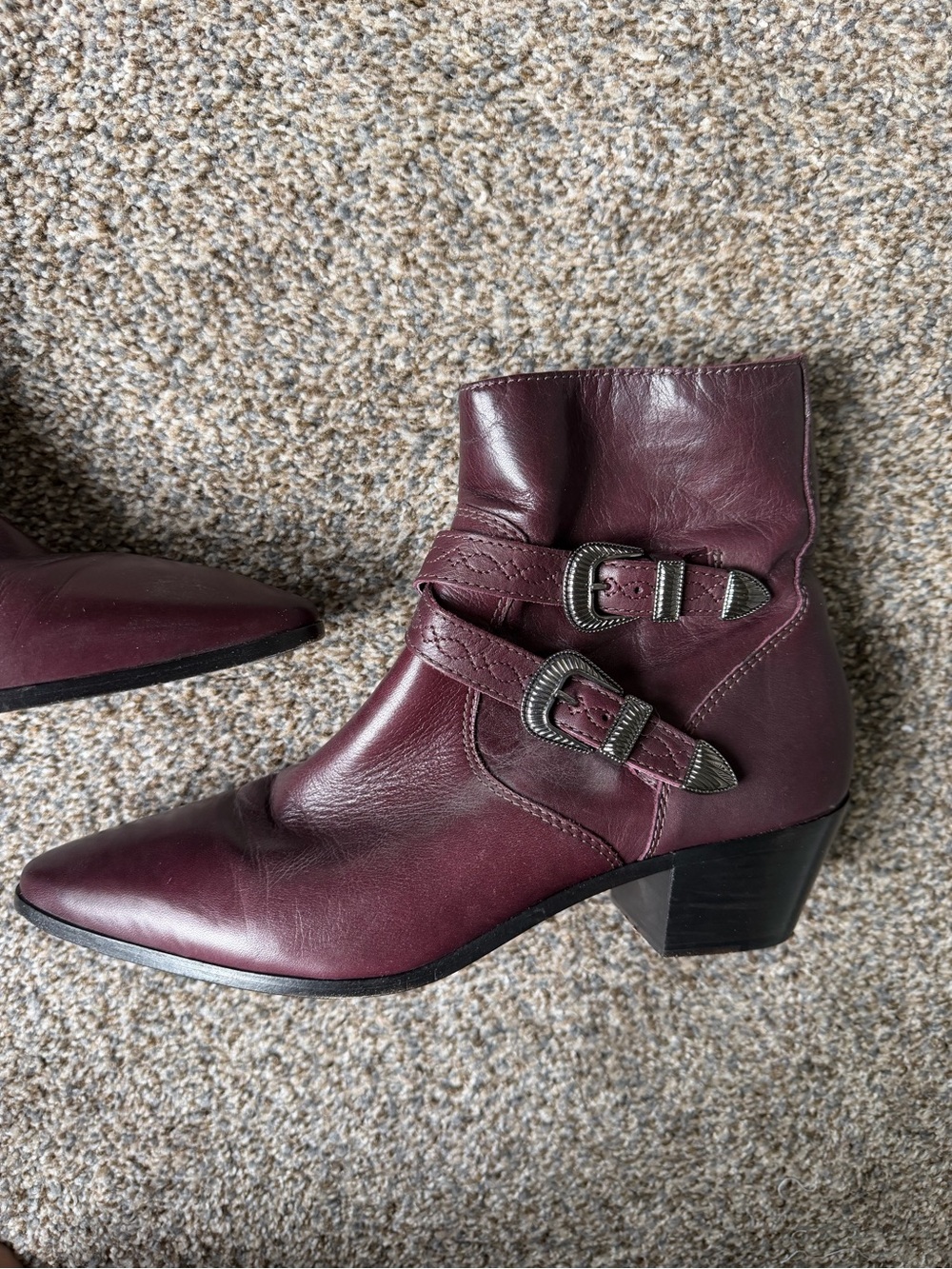 Frye Ellen Women’s Burgundy Leather Ankle Boots with Buckle Detail